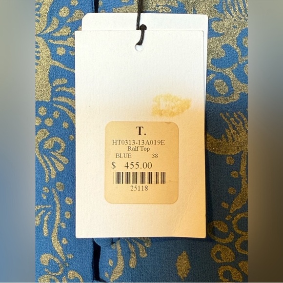 ISABEL MARANT ÉTOILE Sheer Silk Printed Button Up Top Blue Gold Size Small - Picture 11 of 11